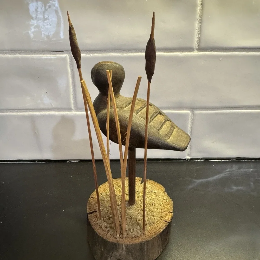 Vintage Wood Duck in The Reeds  Hand‎ Carved Folk Art On Live Edge Stand